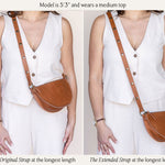 Two views of a person wearing a brown leather bag with different strap lengths.