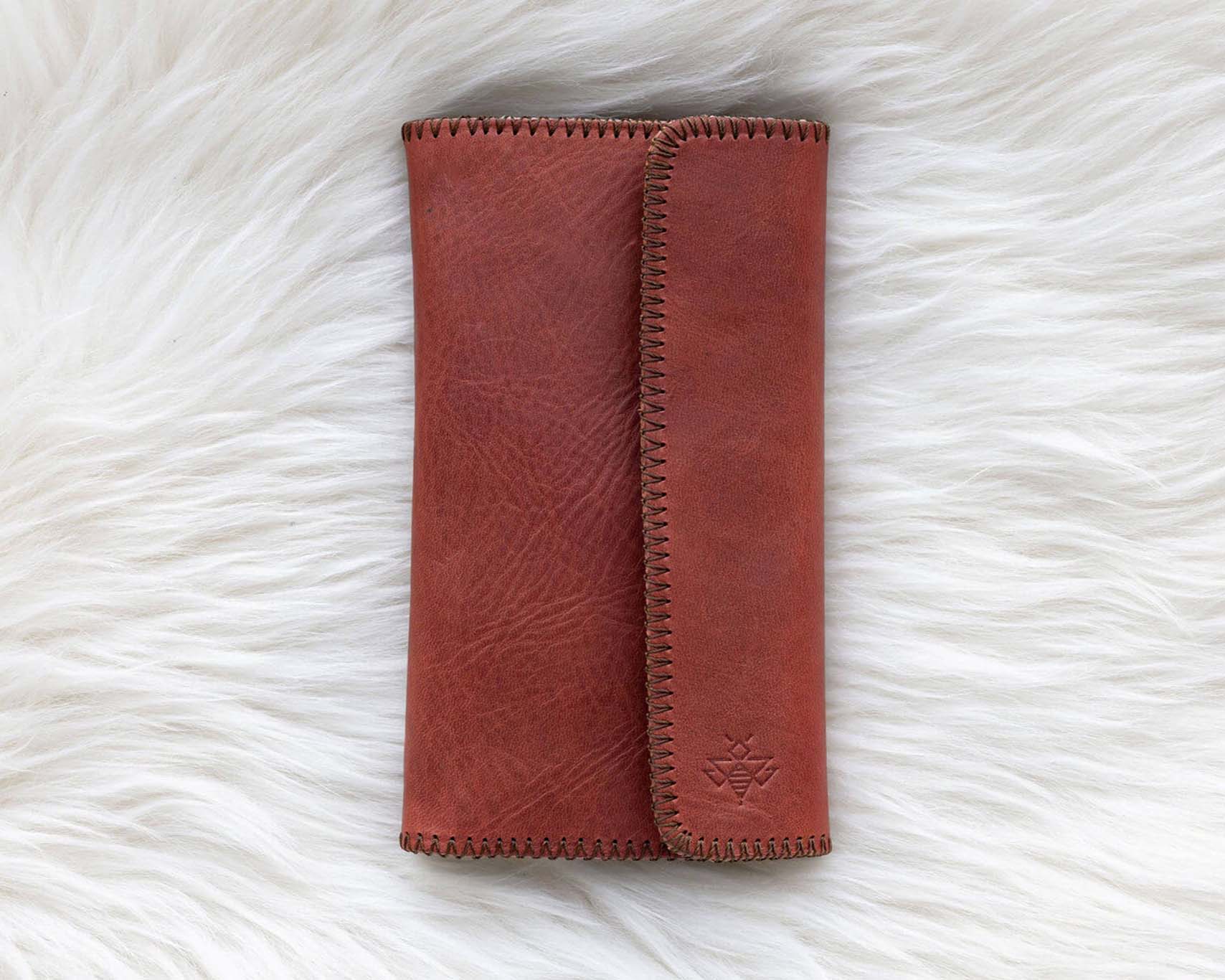 Leather cognac wallet for traveling