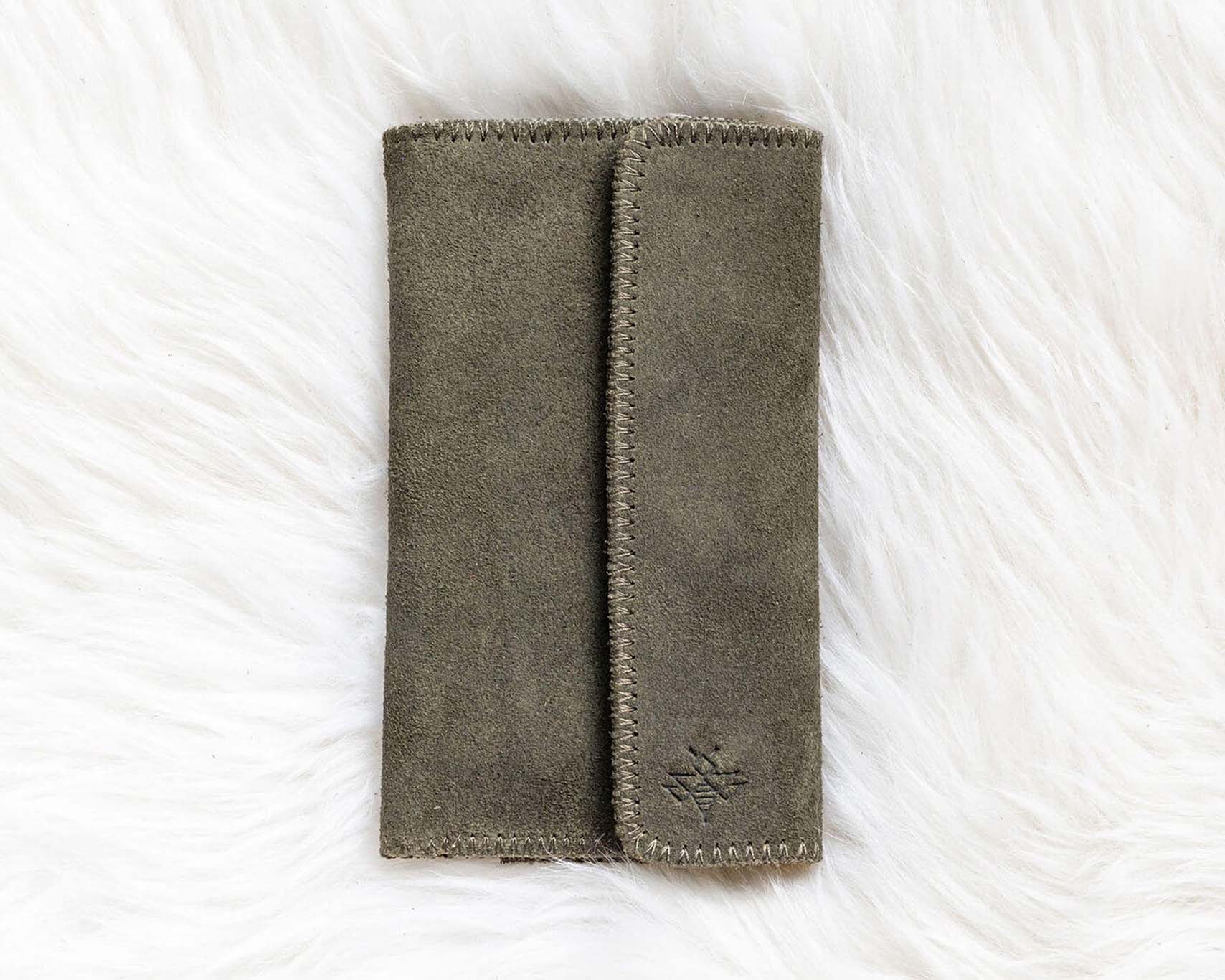 Moss green suede travel wallet, front view
